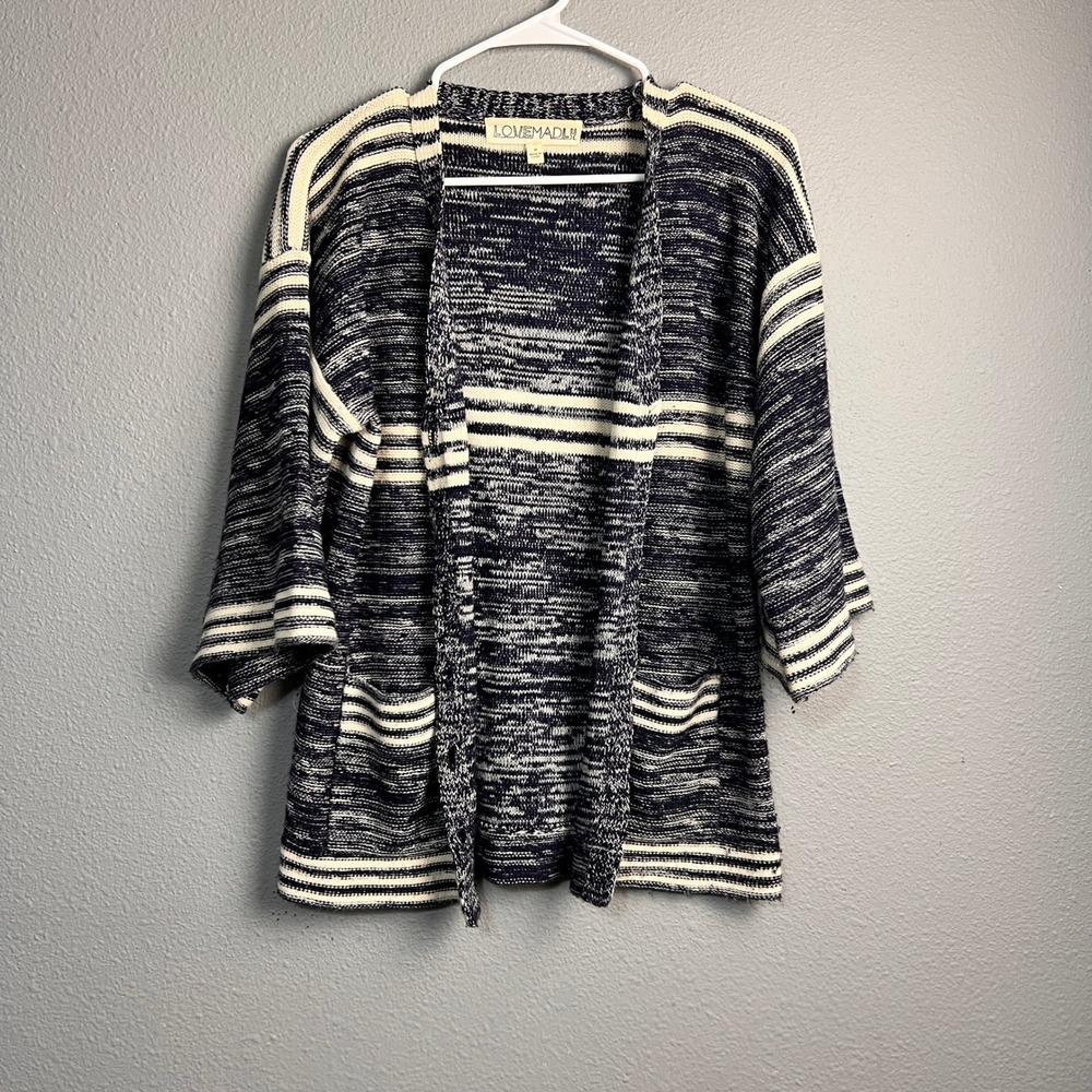 Lovemadly Womens Navy Blue White Striped Marled Open Front Cardigan Sweater M